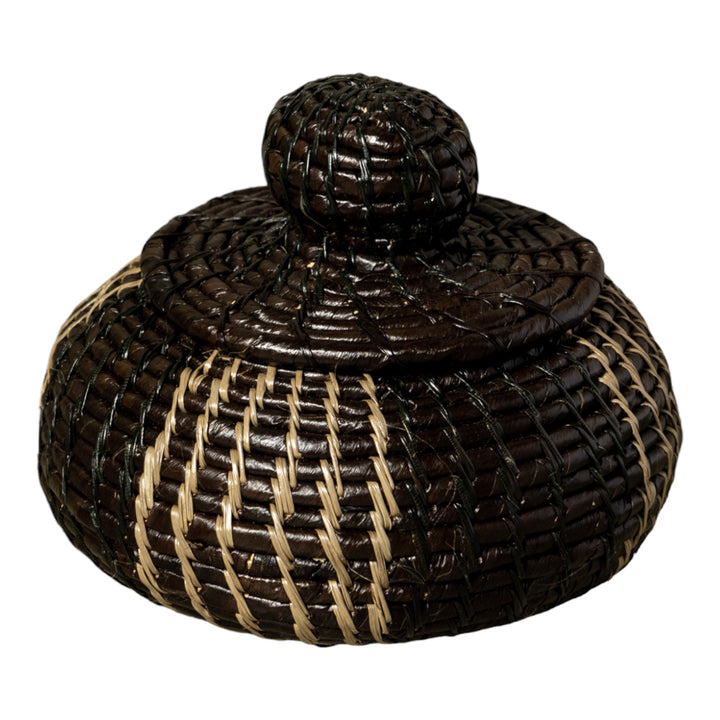 Black And Gray Stripe Woven Basket With Top