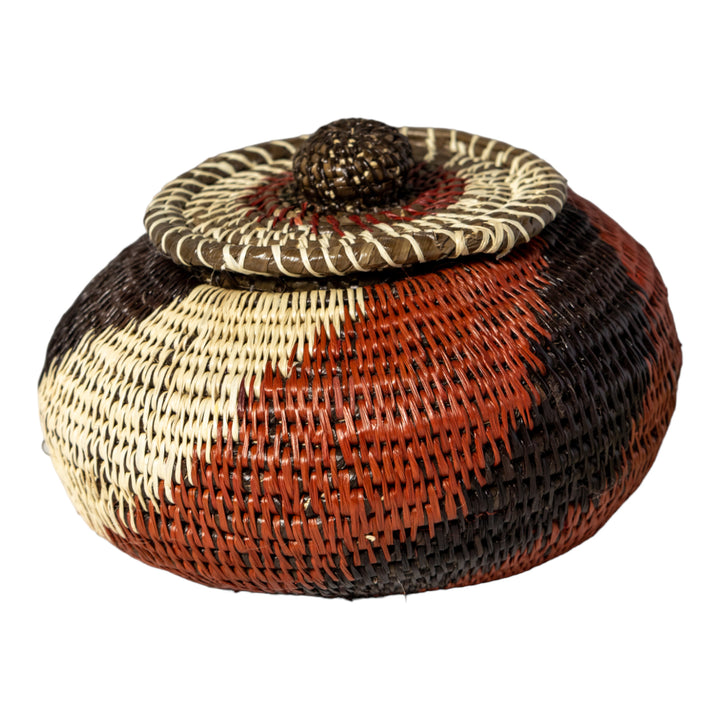 Brown White And Black Woven Basket With Top