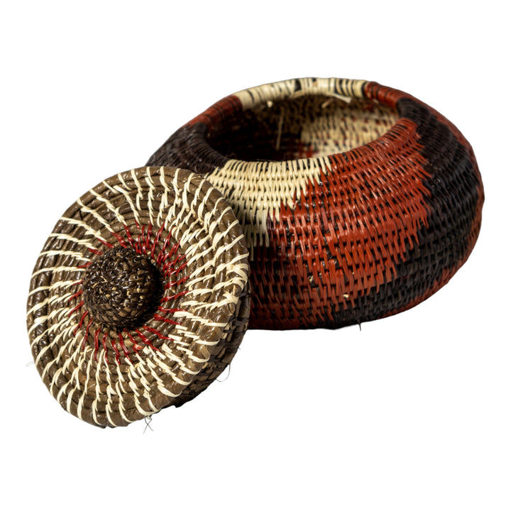 Brown White And Black Woven Basket With Top