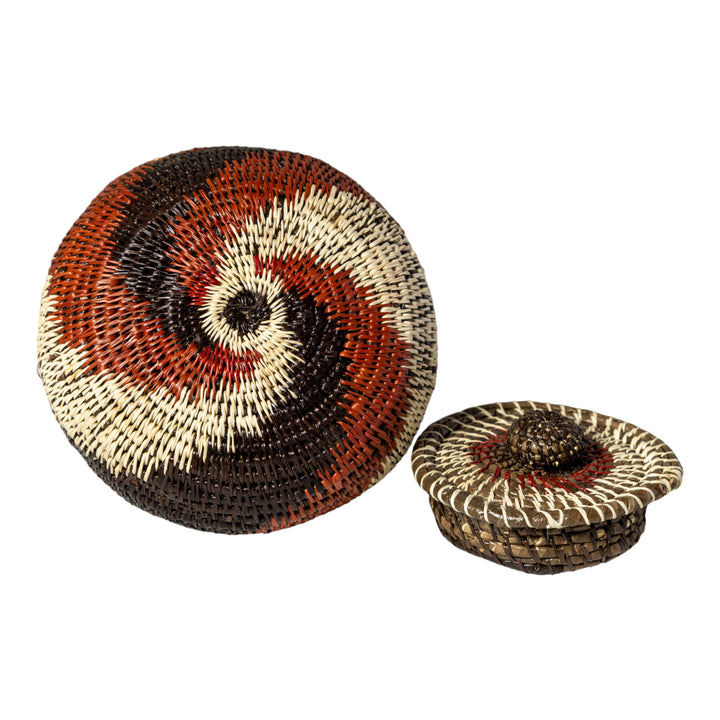 Brown White And Black Woven Basket With Top