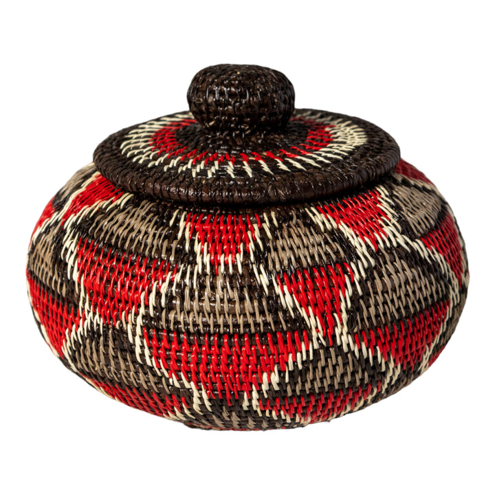 Red And Gray Woven Basket With Top