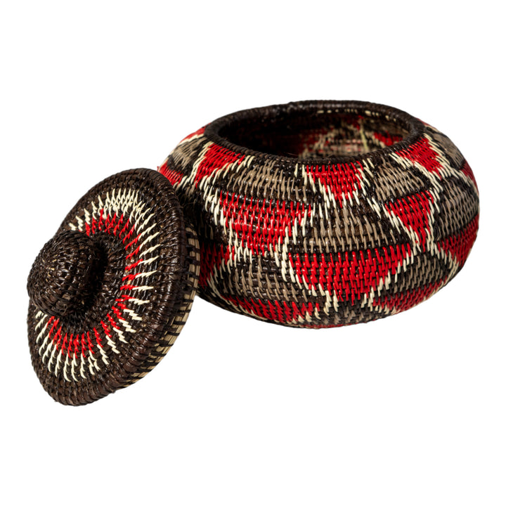 Red And Gray Woven Basket With Top