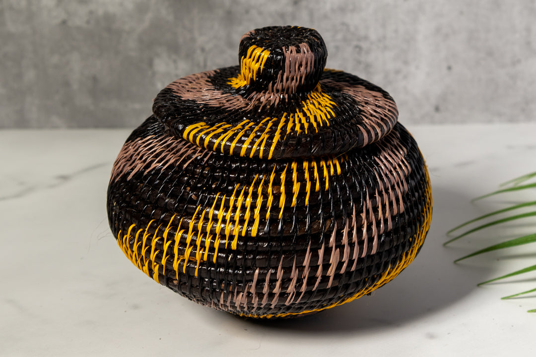 Black And Gold Swirl Woven Basket With Top