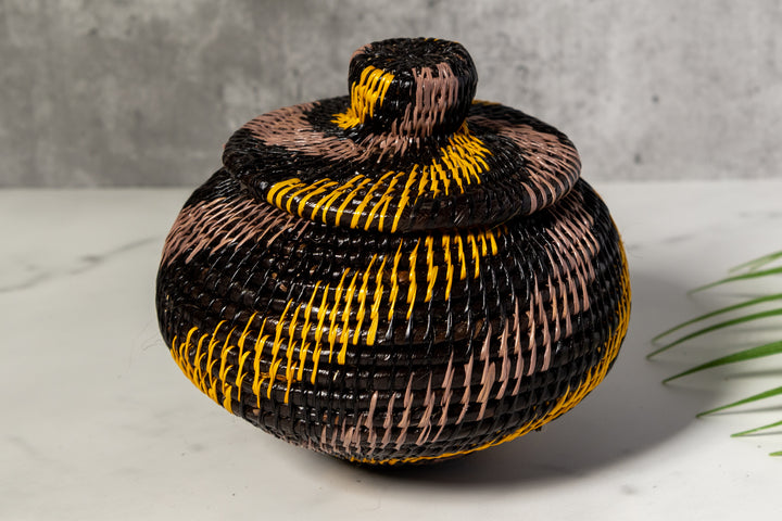 Black And Gold Swirl Woven Basket With Top