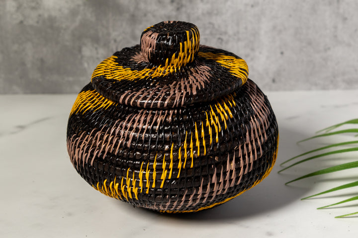 Black And Gold Swirl Woven Basket With Top
