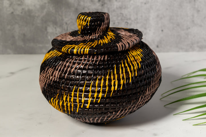 Black And Gold Swirl Woven Basket With Top