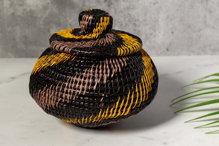 Black And Gold Swirl Woven Basket With Top