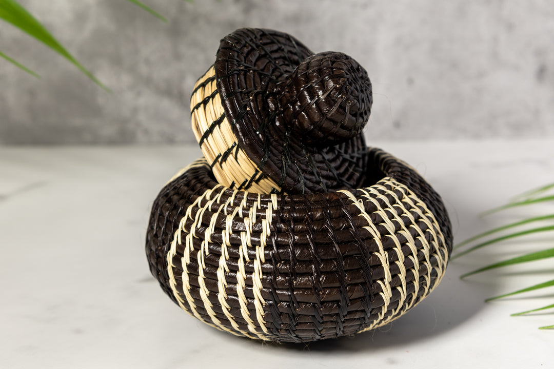 Black And White Woven Basket With Top
