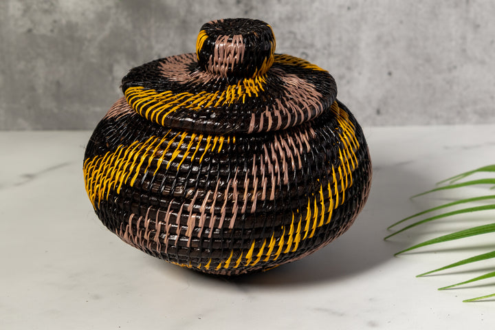 Black And Gold Swirl Woven Basket With Top