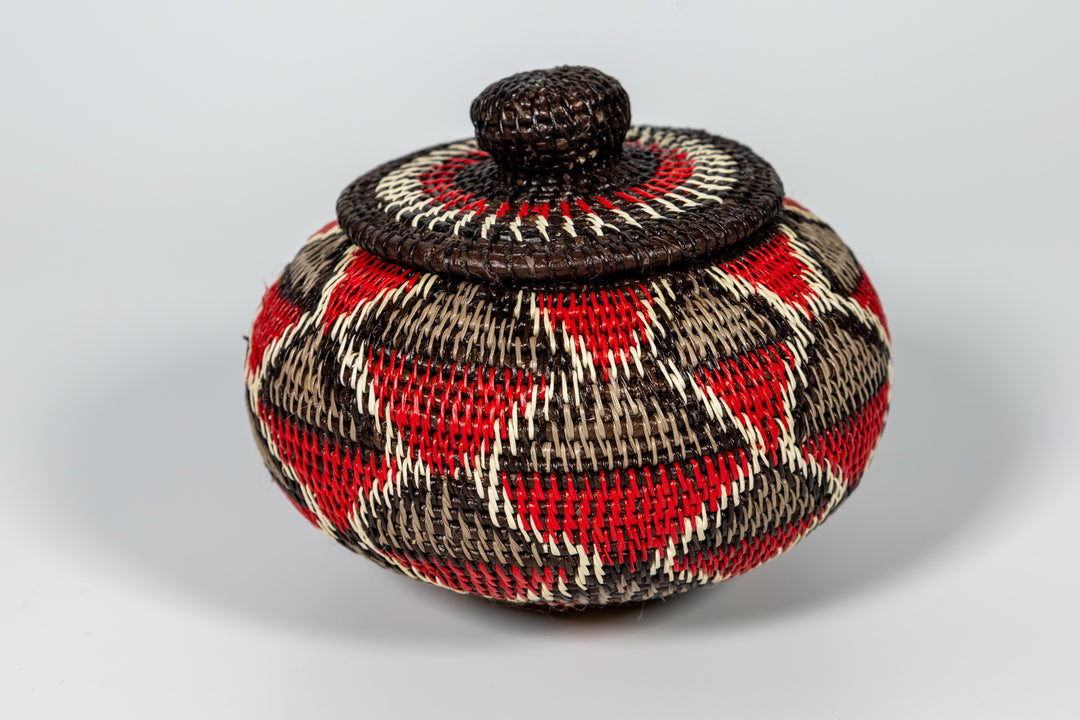 Red And Gray Woven Basket With Top