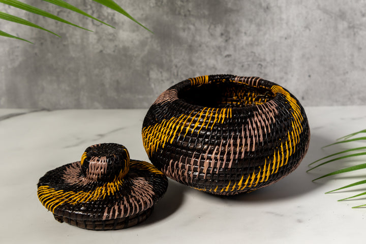 Black And Gold Swirl Woven Basket With Top