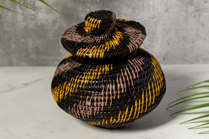 Black And Gold Swirl Woven Basket With Top
