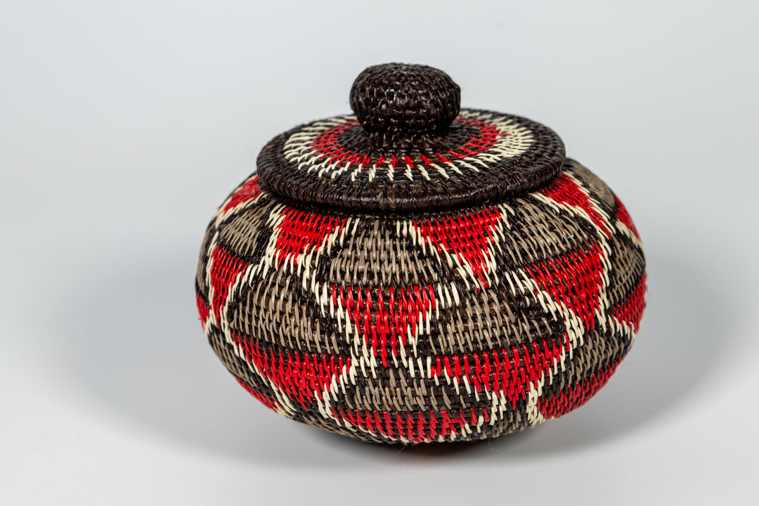 Red And Gray Woven Basket With Top