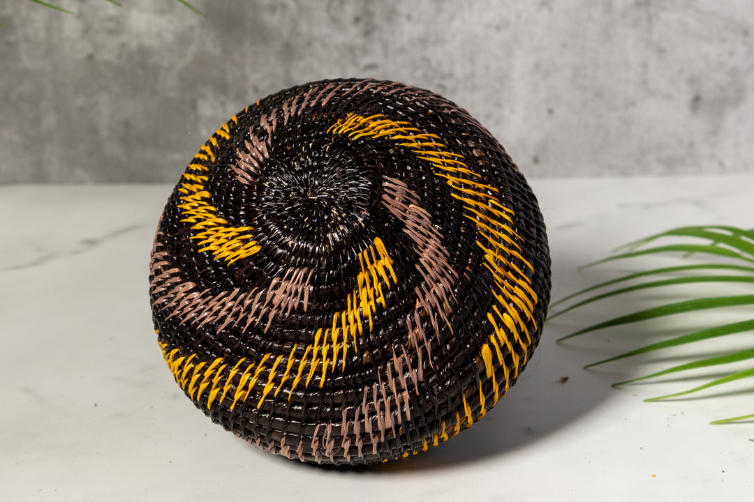 Black And Gold Swirl Woven Basket With Top