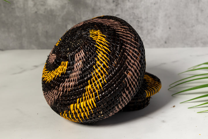 Black And Gold Swirl Woven Basket With Top