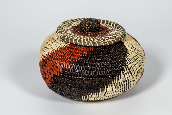 Brown White And Black Woven Basket With Top
