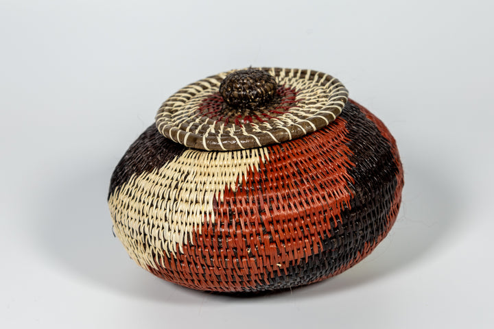 Brown White And Black Woven Basket With Top