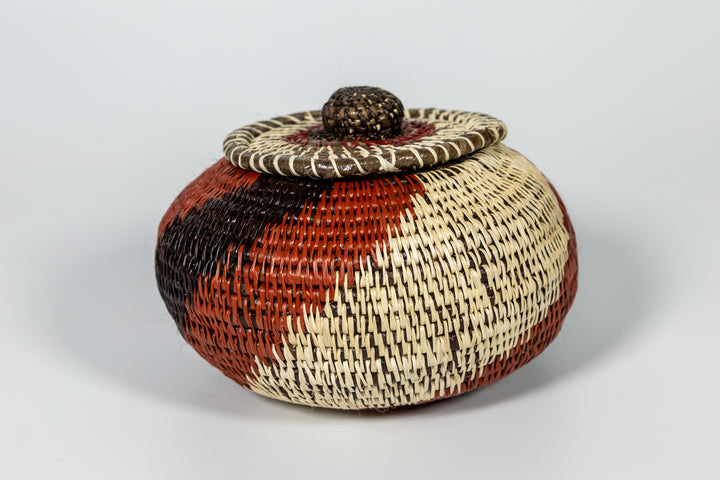 Brown White And Black Woven Basket With Top