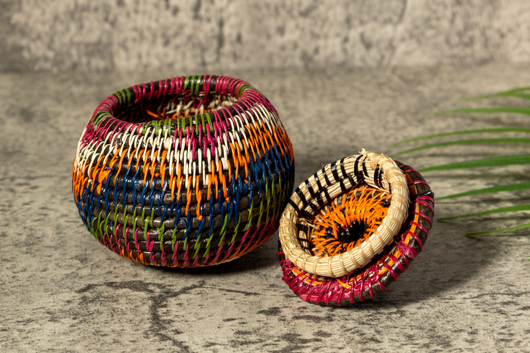 Small Orange Jungle Allure Woven Basket With Top