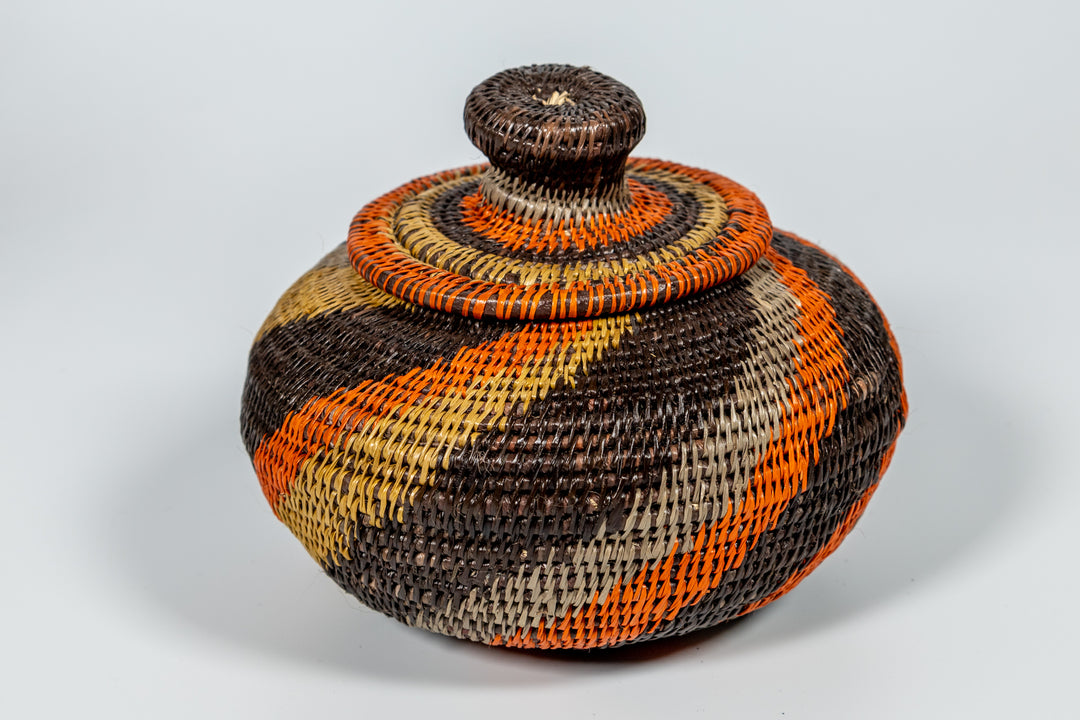 Black orange And Gray Woven Basket With Top