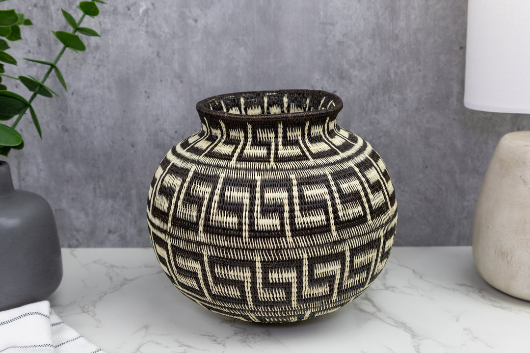 Greek Key Black and White Woven Basket