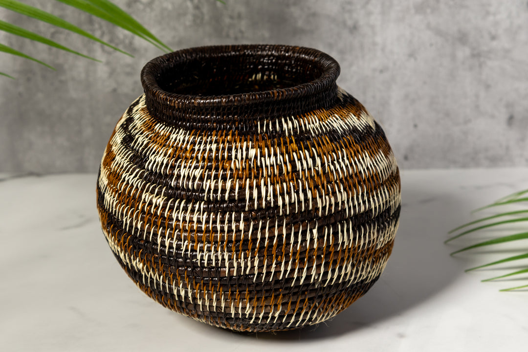 Brown Black White Spiral Woven Basket