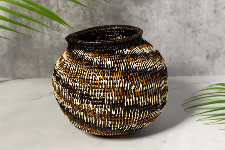 Brown Black White Spiral Woven Basket