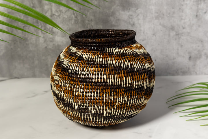 Brown Black White Spiral Woven Basket