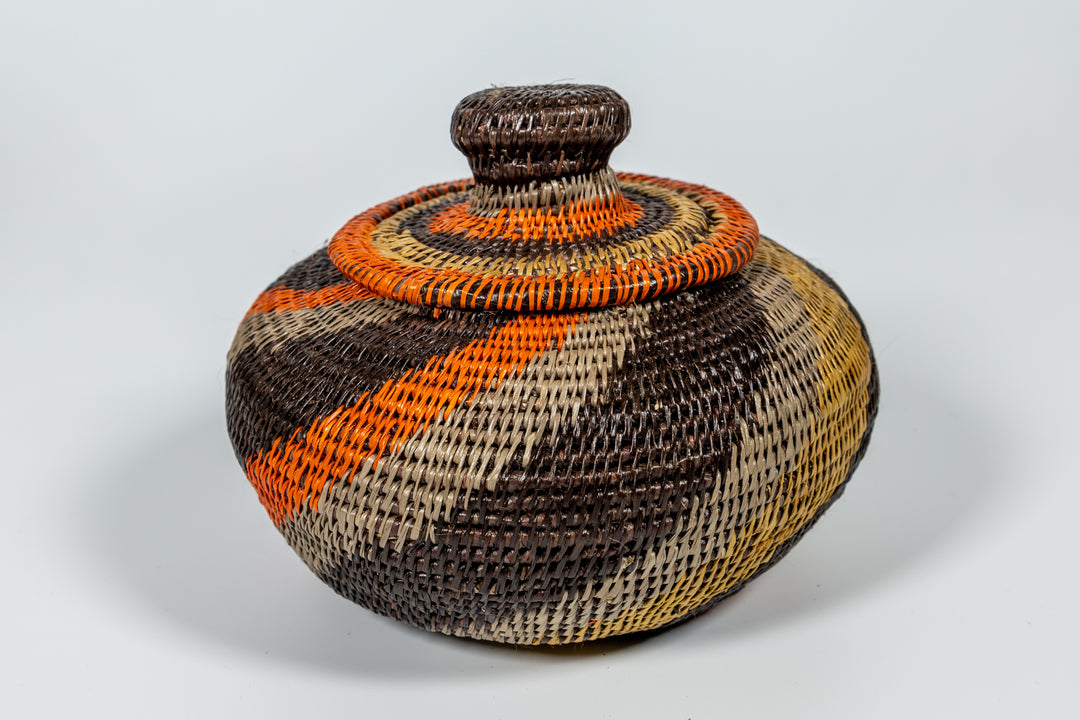 Black orange And Gray Woven Basket With Top