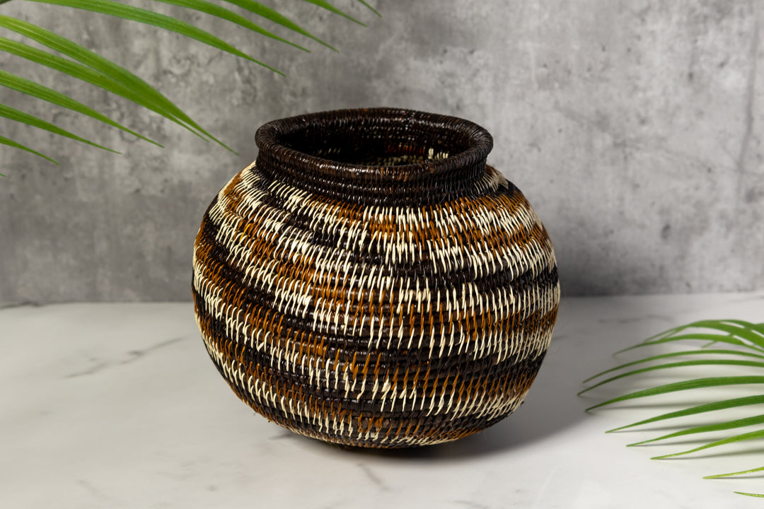 Brown Black White Spiral Woven Basket