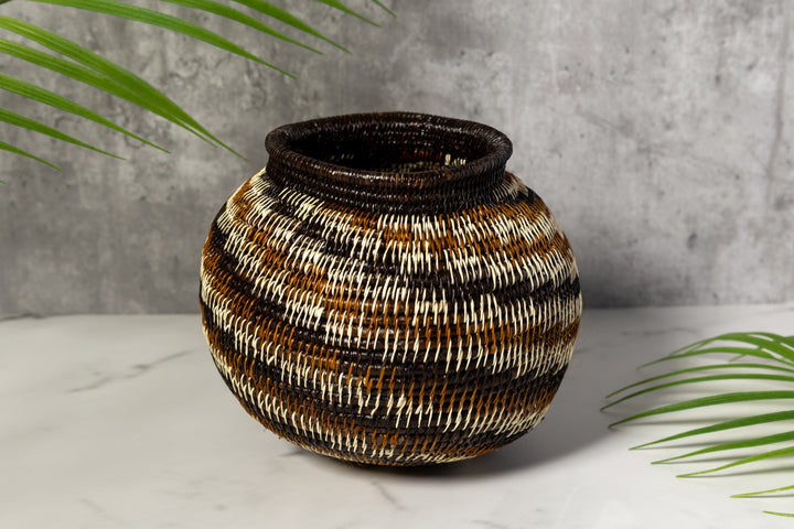 Brown Black White Spiral Woven Basket