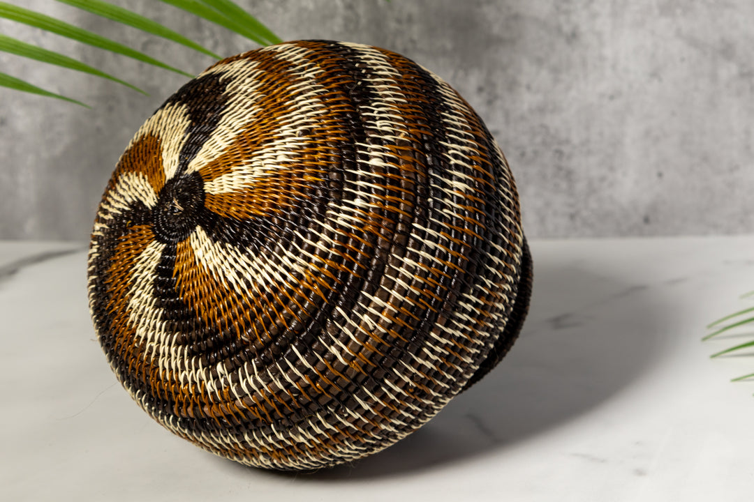 Brown Black White Spiral Woven Basket
