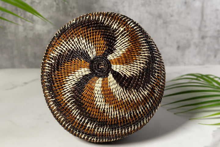 Brown Black White Spiral Woven Basket