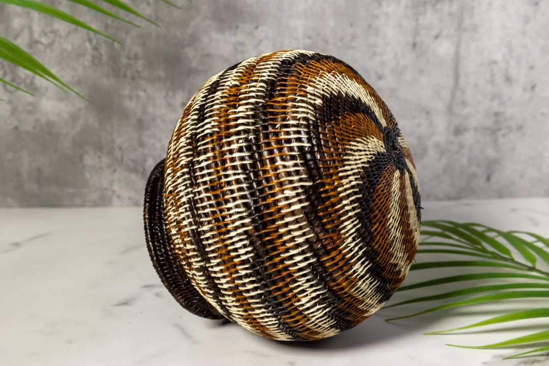 Brown Black White Spiral Woven Basket