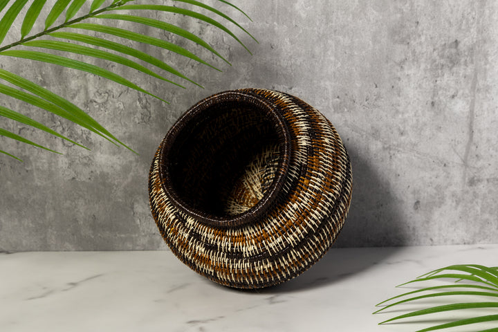 Brown Black White Spiral Woven Basket