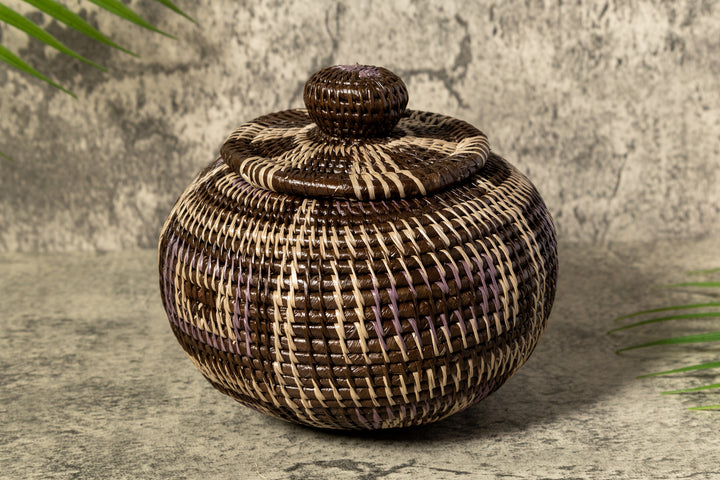 Brown And White Classic Woven Basket With Top