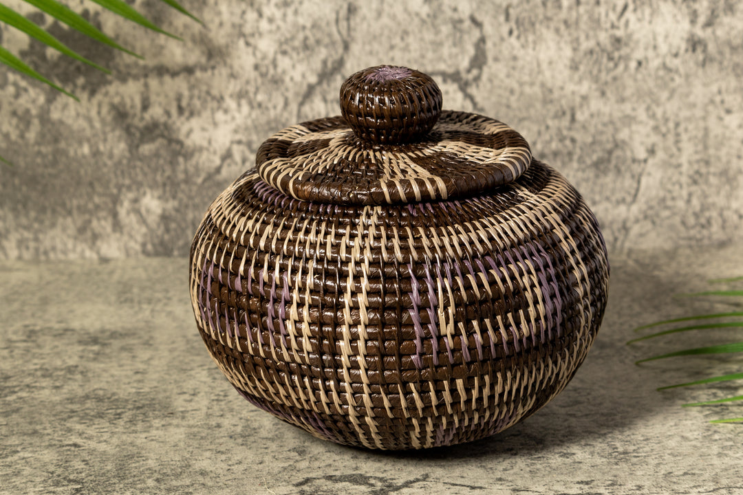 Brown And White Classic Woven Basket With Top