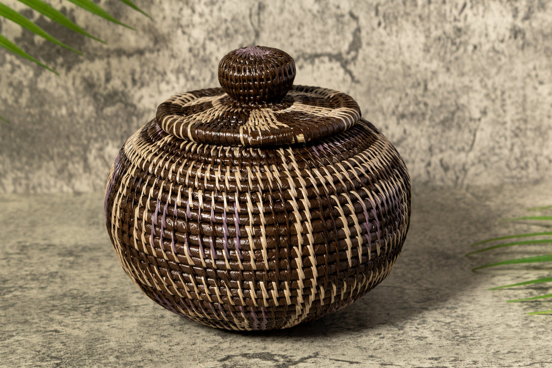 Brown And White Classic Woven Basket With Top