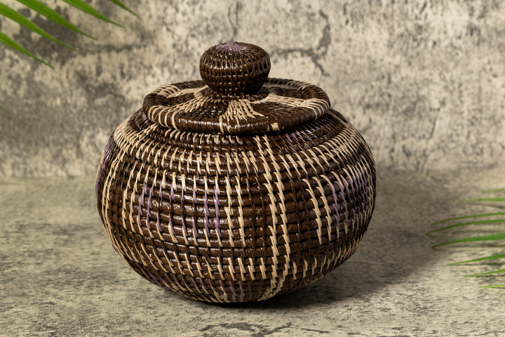 Brown And White Classic Woven Basket With Top