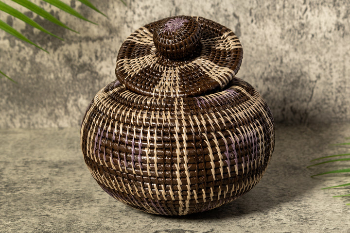 Brown And White Classic Woven Basket With Top