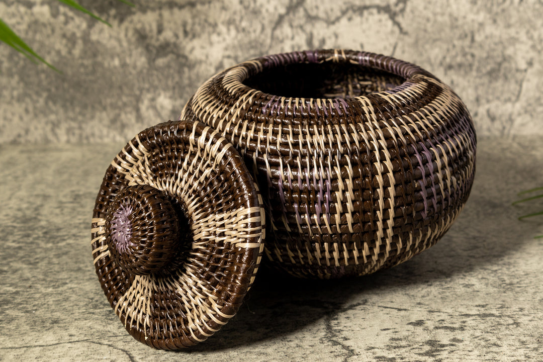 Brown And White Classic Woven Basket With Top