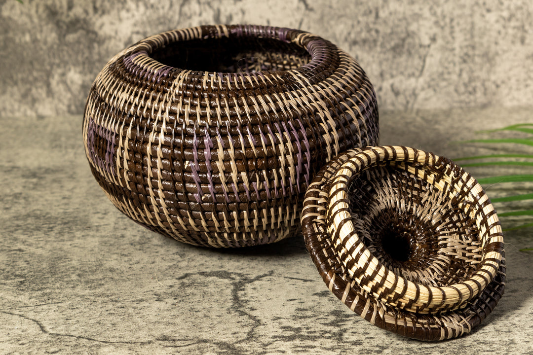 Brown And White Classic Woven Basket With Top