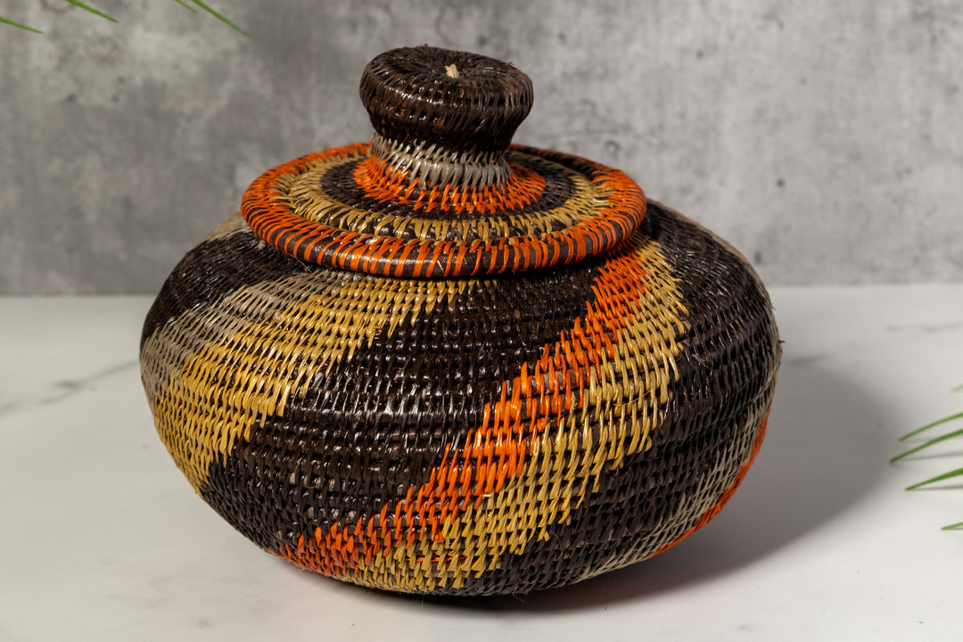 Black orange And Gray Woven Basket With Top
