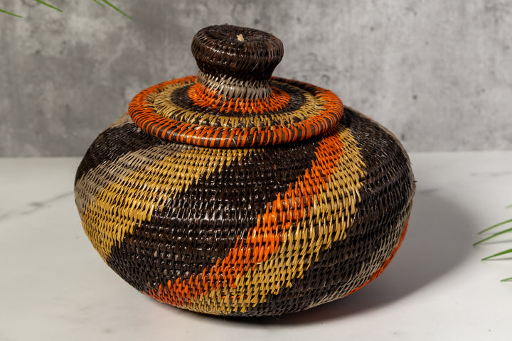 Black orange And Gray Woven Basket With Top