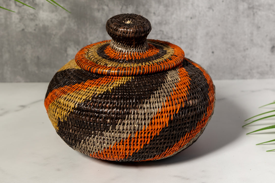 Black orange And Gray Woven Basket With Top