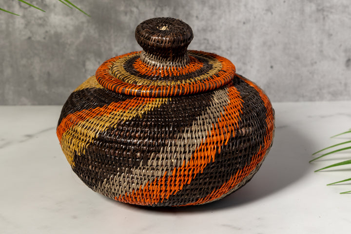 Black orange And Gray Woven Basket With Top