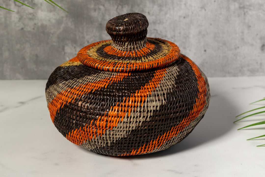 Black orange And Gray Woven Basket With Top