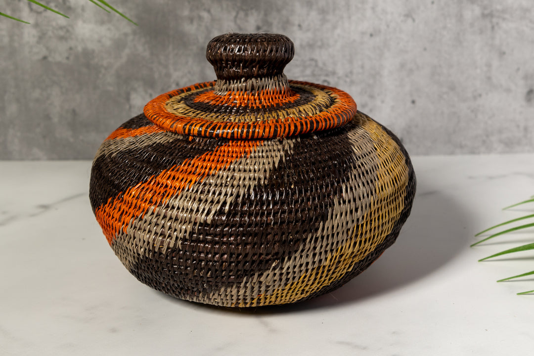 Black orange And Gray Woven Basket With Top