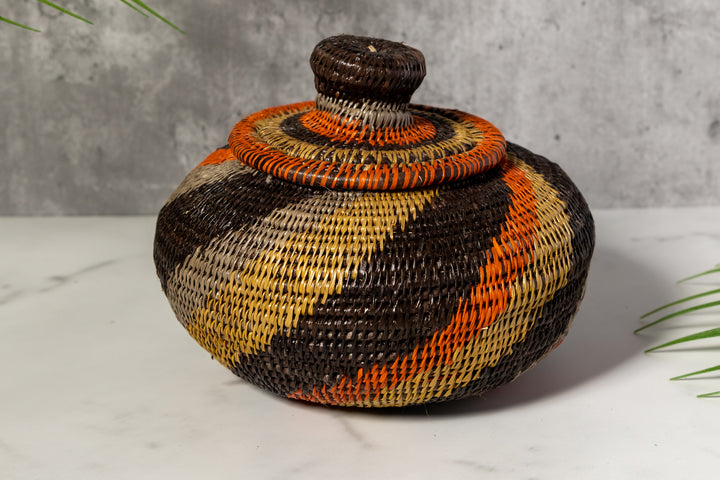 Black orange And Gray Woven Basket With Top