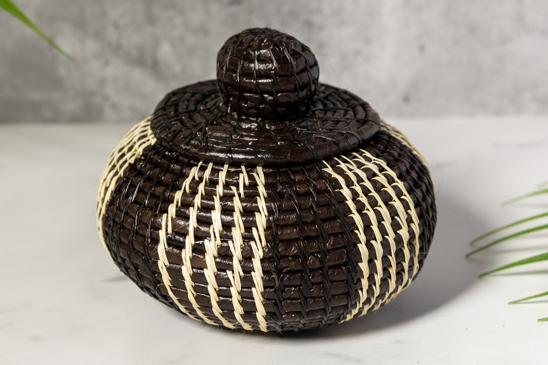 Black And White Woven Basket With Top